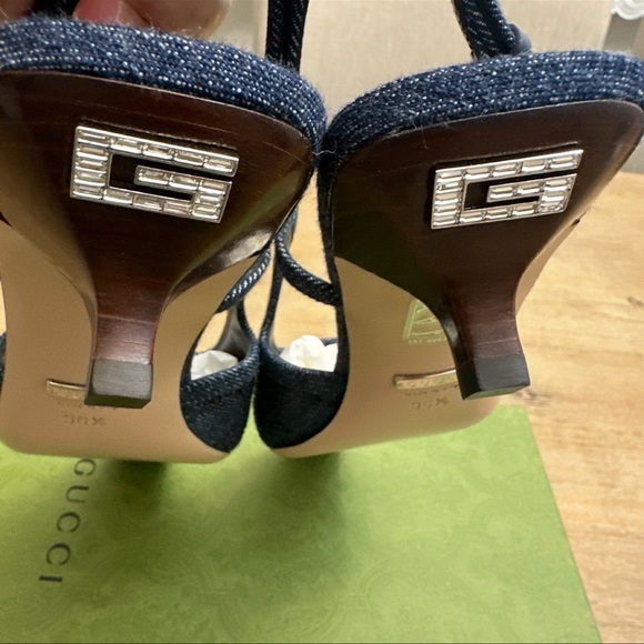 Gucci GG Embellished Denim Slingback Kitten Heel Pumps 36.5 - Picture 3 of 7